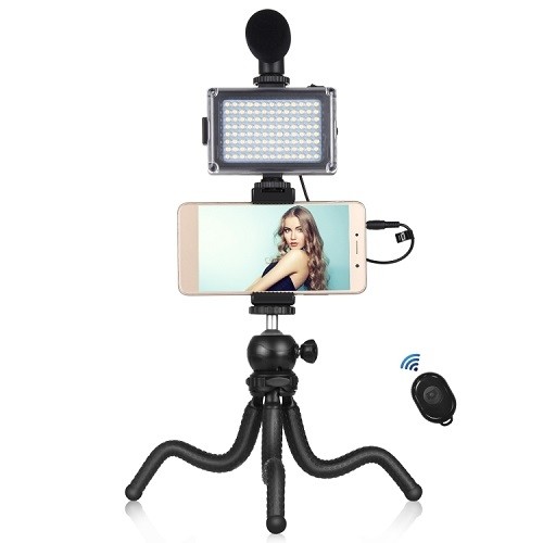 Puluz Blogging Smartphone Video Rig (LED Light, Flexible Tripod, Phone Holder, Mic) image 1
