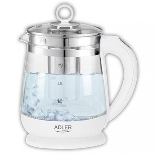 Adler Kettle AD 1299 Electric, 2200 W, 1.5 L, Glass/Stainless steel, 360° rotational base, White image 1