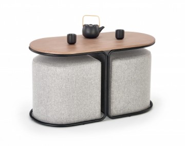 Halmar PAMPA, coffee table with pouffes, top: walnut, legs: black, pouffe: grey
