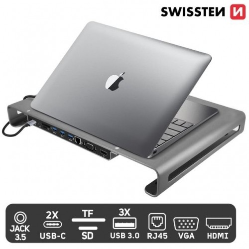Swissten Daudzfunkcionāla USB-C Klēpjdatora dokstacija / HDMI / USB 3.0 / 2x USB-C / RJ45 / SD / Micro SD / VGA / Audio / Pelēka image 1