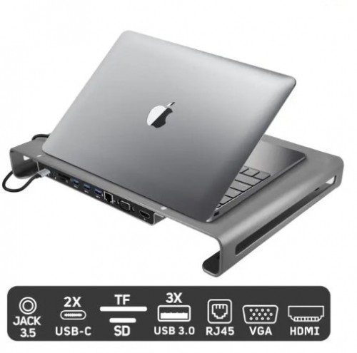 Swissten Daudzfunkcionāla USB-C Klēpjdatora dokstacija / HDMI / USB 3.0 / 2x USB-C / RJ45 / SD / Micro SD / VGA / Audio / Pelēka image 2