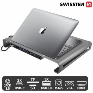 Swissten Daudzfunkcionāla USB-C Klēpjdatora dokstacija / HDMI / USB 3.0 / 2x USB-C / RJ45 / SD / Micro SD / VGA / Audio / Pelēka
