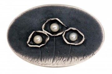 Серебряная брошь #2920212(Matt+POx-MattBk)_PE, Серебро	925°, оксид (покрытие), Жемчуг , 9.4 гр.