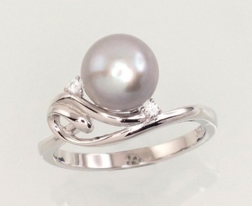 Серебряное кольцо #2101462(PRh-Gr)_CZ+PE-GR, Серебро	925°, родий (покрытие), Цирконы , Жемчуг , Размер: 16, 2.6 гр.