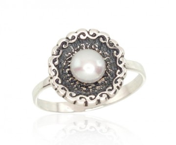 Серебряное кольцо #2101204(POx-Bk)_PE, Серебро	925°, оксид (покрытие), Жемчуг , Размер: 18.5, 2.5 гр.