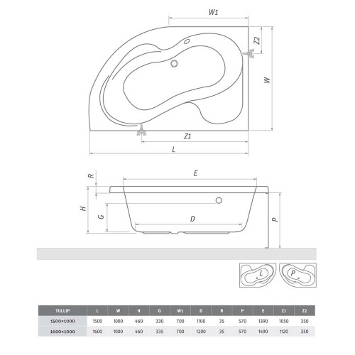 Roth TULLIP /150 (L) Project Line 1500 × 1000 5157000 Асимметричная угловая акриловая ванна image 3