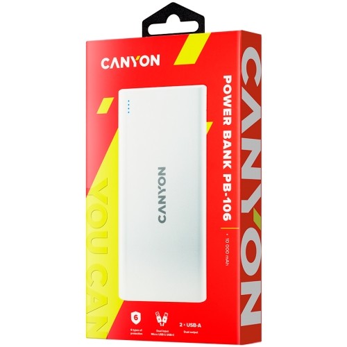 CANYON PB-106 Power bank 10000mAh Li-poly battery, Input 5V/2A, Output 5V/2.1A(Max), USB cable length 0.3m, 140*68*16mm, 0.24Kg, White image 3