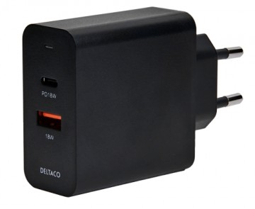 USB sieninis įkroviklis DELTACO w su dviem prievadais ir PD, 1x USB-A, 1x USB-C, PD, 36W, juodas / USBC-AC137