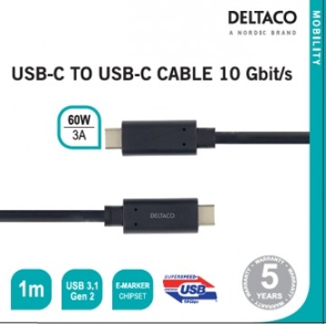 USB-C į USB-C kabelis 10 Gbit/s 1m, 60W, 3A DELTACO juoda / USBC-1122M