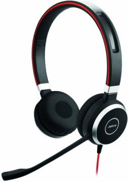 Ausinės Jabra EVOLVE 40 MS stereo, laidinės, su 3.5mm and USB jungtimis, valdymo mygtukai ant laido, juodas / raudonas / JABRA-308