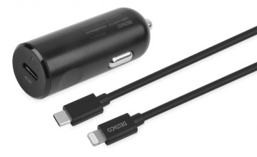 DELTACO USB automobilinis įkroviklis, 1x USB-C PD 20 W, 1 m Lightning laidas, juodas