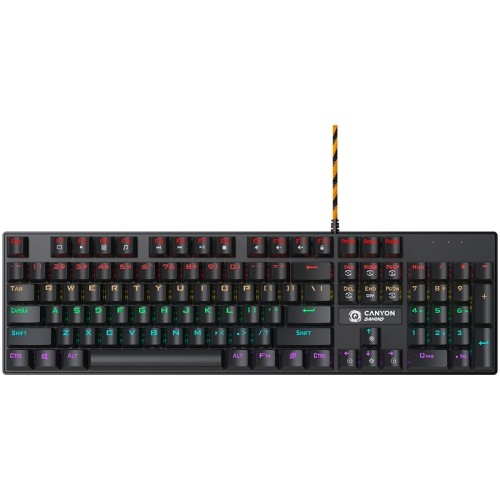 Canyon Wired black Mechanical keyboard With colorful lighting system104PCS rainbow backlight LED，also can custmized backlight,1.8M braided cable length ,rubber feet，English layout double injection ，Numbers 104 keys,keycaps,0.7kg，Size 429*124*35mm image 1