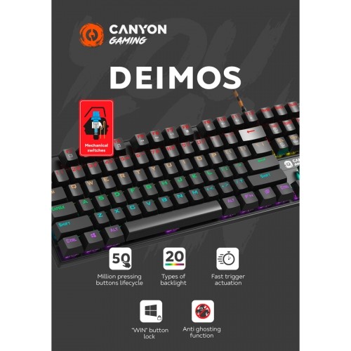 Canyon Wired black Mechanical keyboard With colorful lighting system104PCS rainbow backlight LED，also can custmized backlight,1.8M braided cable length ,rubber feet，English layout double injection ，Numbers 104 keys,keycaps,0.7kg，Size 429*124*35mm image 4