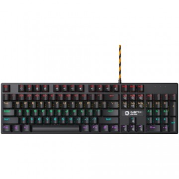 Canyon Wired black Mechanical keyboard With colorful lighting system104PCS rainbow backlight LED，also can custmized backlight,1.8M braided cable length ,rubber feet，English layout double injection ，Numbers 104 keys,keycaps,0.7kg，Size 429*124*35mm
