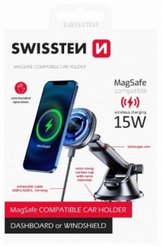 Swissten Magnētisks Automašīnas Turētājs ar Bezvadu uzlādi 15W (MagSafe compatible)