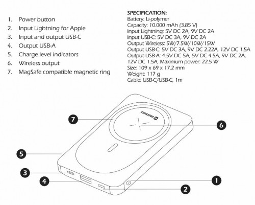 Swissten Magnetic Wireless Power Bank Переносная зарядная батарея USB / USB-C / Lightning / PD 20W / 10000 mAh image 5