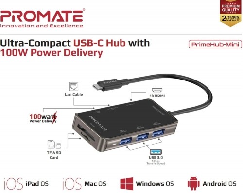 PROMATE PrimeHub-Mini 8in1 USB-C Hub HDMI 4K / LAN / PD 100W / SD / 3x USB 3.0 image 5