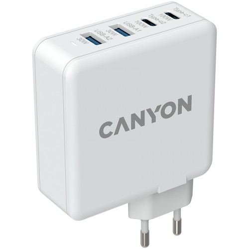 Canyon, GAN 100W charger  Input:  100V-240V Output: USB-C1/C2: 5V 3A , 9V 3A , 12V 3A , 15V 3A , 20V 5A  USB-A 1/A2: 4.5V/5A, 5V/4.5A, 9V/3A, 12V/2.5A,  20V/1.5A  C1+C2 : 65W + 30W； C1+A1 : 65W + 30W ； C1+A2 : 65W + 30W ；C1+A1+A2 : 65W + 7.5W image 1