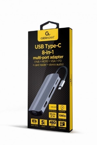 Gembird Adapter USB-C 8in1, HDMI, USB-C, PD, VGA, USB 3.1, 2.0, audio, card reader image 3