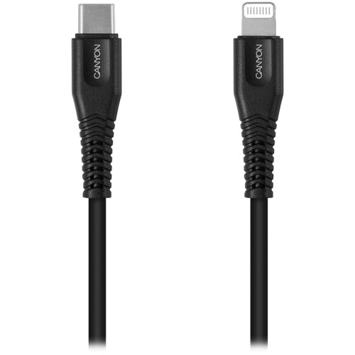 CANYON MFI-4 Type C Cable To MFI Lightning for Apple, PVC Mouling,Function：with full feature( data transmission and PD charging) Output:5V/2.4A , OD:3.5mm, cable length 1.2m, 0.026kg,Color:Black image 1