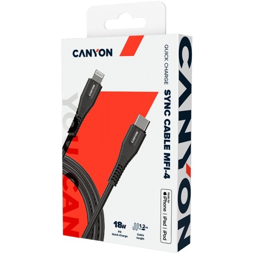 CANYON MFI-4 Type C Cable To MFI Lightning for Apple, PVC Mouling,Function：with full feature( data transmission and PD charging) Output:5V/2.4A , OD:3.5mm, cable length 1.2m, 0.026kg,Color:Black image 4