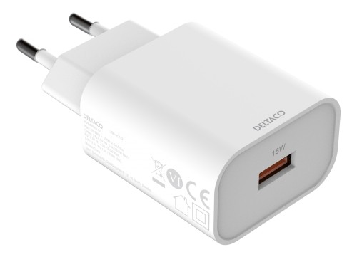 DELTACO USB sieninis įkroviklis, 1x USB-A, greitas įkrovimas 18 W, baltas image 2