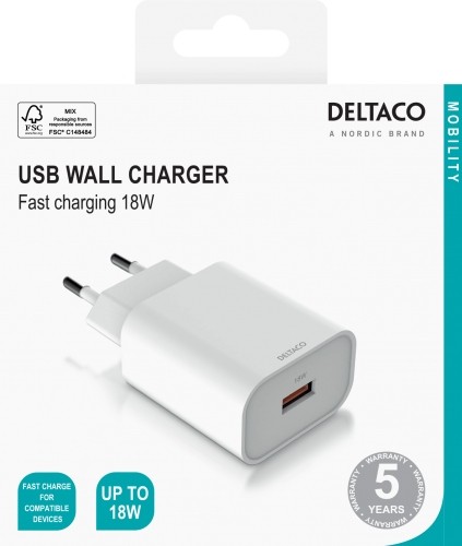 DELTACO USB sieninis įkroviklis, 1x USB-A, greitas įkrovimas 18 W, baltas image 3
