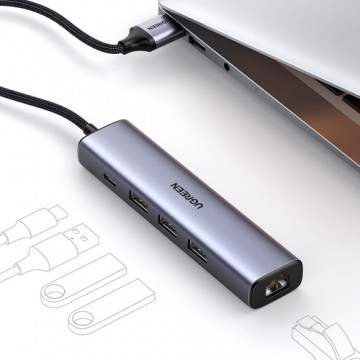 Ugreen multifunctional adapter HUB USB Type C - 3 x USB | Ethernet RJ-45 | USB Type C PD gray (CM475)