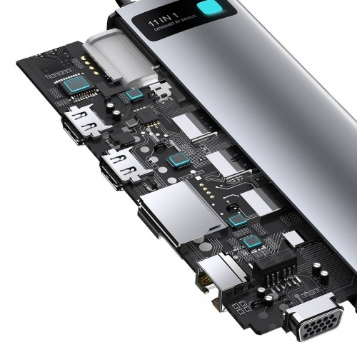 Hub 11in1 Baseus Metal Gleam Series, USB-C to 3x USB 3.0 + 2x HDMI + USB-C PD + Ethernet RJ45 + microSD|SD + VGA + AUX image 3