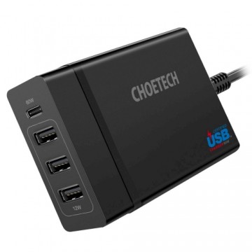 Choetech travel wall Charger 3x USB | 1X USB Type C 60W Power Delivery black (PD72-1C3U)