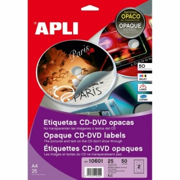 Līmes/Etiķetes Apli 10601 Apaļš CD/DVD Balts 25 Loksnes