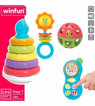 Winfun Комплект для малыша игрушки развивающие пирамидка, муз. игрушка и 2 погремушки 0 m+ CB46885