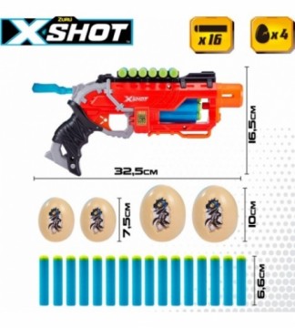Пистолет с 16 порол. пулями, 4 яиц дальность до 27 метра X-Shot Dino Attack ZURU 8 g+ CB46559