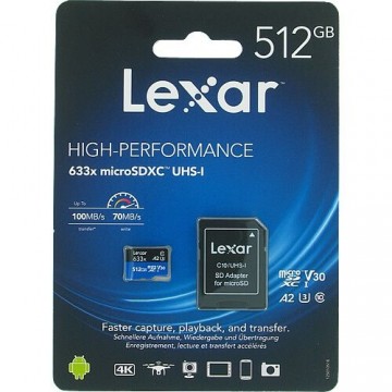 Lexar  
         
       High-Performance 633x UHS-I  MicroSDXC, 512 GB, Flash memory class 10, Black/Blue, Class: A2 V30 U3, 70 MB/s, 100 MB/s