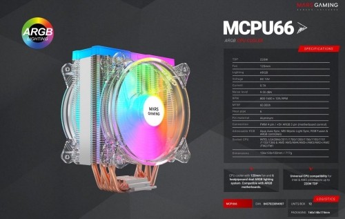 Mars Gaming MCPU66 CPU Cooler ARGB 220W Dual Fan 120mm Dzesētājs procesoram image 5