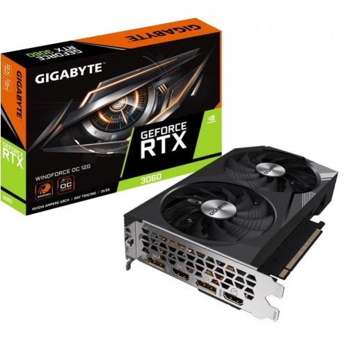 Gigabyte  
         
       Graphics Card||NVIDIA GeForce RTX 3060|12 GB|GDDR6|192 bit|PCIE 4.0 16x|Memory 15000 MHz|GPU 1792 MHz|2xHDMI|2xDisplayPort|GV-N3060WF2OC-12GD2.0 image 1