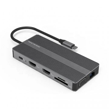 Extradigital Aдаптер USB Type-C - 2x HDMI, VGA, LAN, 3x USB Type-A, SD, TF, USB Type-C PD100W, Aux