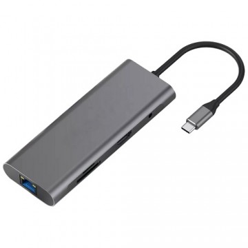 Extradigital Adapter USB Type-C - HDMI, LAN, 3x USB Type-A, SD, TF, USB Type-C PD60W, Aux