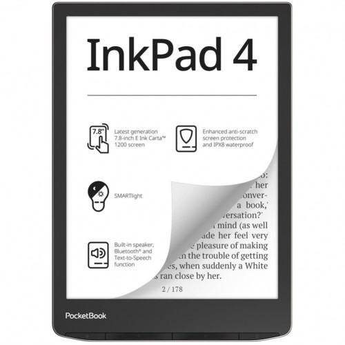 POCKETBOOK  
         
       E-Reader||InkPad 4|7.8"|1872x1404|1xAudio-Out|1xUSB-C|Micro SD|Wireless LAN|Bluetooth|PB743G-U-WW image 1