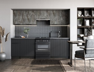 Halmar TAMARA 240 kitchen set, color: front - grey marble / black, body – carbon wood, worktop – grey