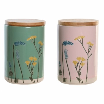 Skārdene DKD Home Decor 11,5 x 11,5 x 17,5 cm Ziedu Rozā Zaļš Bambuss Keramika Shabby Chic (2 gb.)