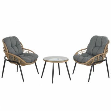 Набор стол и 2 кресла DKD Home Decor Стеклянный Серый Металл синтетический ротанг 55 x 55 x 47 cm