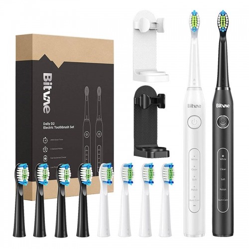 Sonic toothbrushes with tips set and 2 holders Bitvae D2+D2 (white and black) image 1