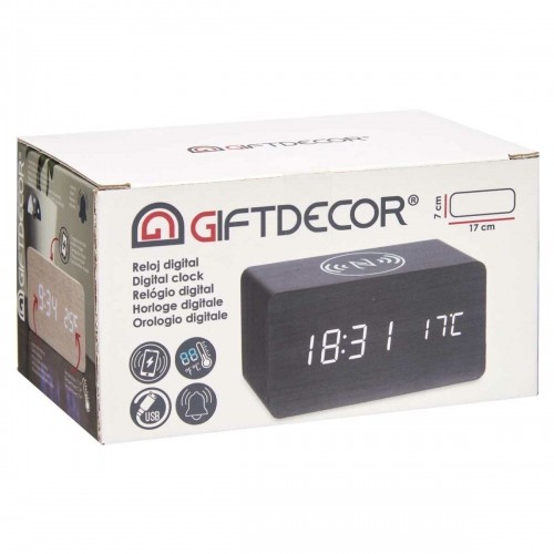 Gift Decor Часы-будильник с беспроводным зарядным Чёрный PVC Деревянный MDF 15 x 7,5 x 7 cm (12 штук) image 2