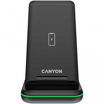 CANYON WS-304, Foldable  3in1 Wireless charger, with touch button for Running water light, Input 9V/2A,  12V/1.5AOutput 15W/10W/7.5W/5W, Type c to USB-A cable length 1.2m, with QC18W EU plug,132.51*75*28.58mm, 0.168Kg, Black