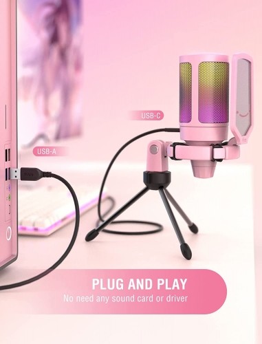 Fifine AmpliGame A6V RGB mikrofons spēlēm | podkāsti | straumes | statīvs | rozā image 3