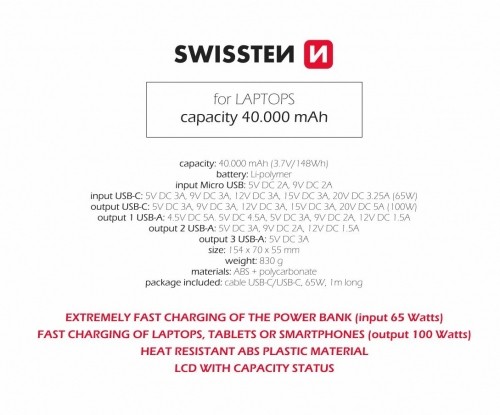 Swissten Power Line Power Bank Ārējas Uzlādes Baterija 40 000 mAh / 100W image 4