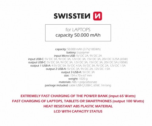Swissten Power Line Power Bank Ārējas Uzlādes Baterija 50 000 mAh / 100W image 4