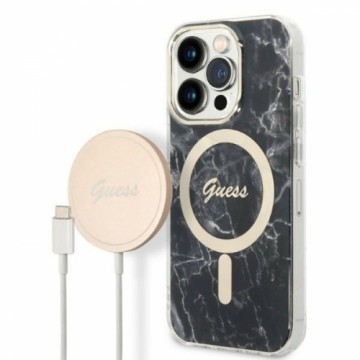 Zestaw Guess GUBPP14XHMEACSK Case+ Charger iPhone 14 Pro Max 6,7" czarny|black hard case Marble MagSafe