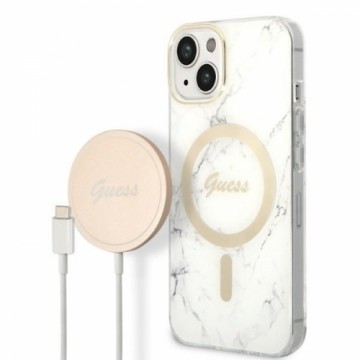 Zestaw Guess GUBPP14MHMEACSH Case+ Charger iPhone 14 Plus 6,7" biały|white hard case Marble MagSafe